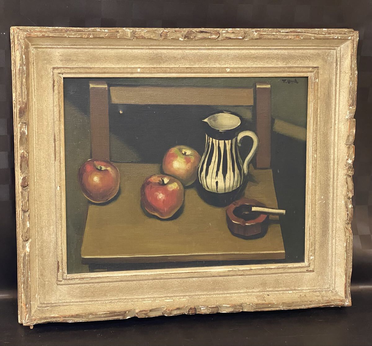 真作 油彩画 油絵 作者不明 T.UTA 静物画 アンティーク レトロ 額縁 インテリア 額装 アートフレーム 拍卖