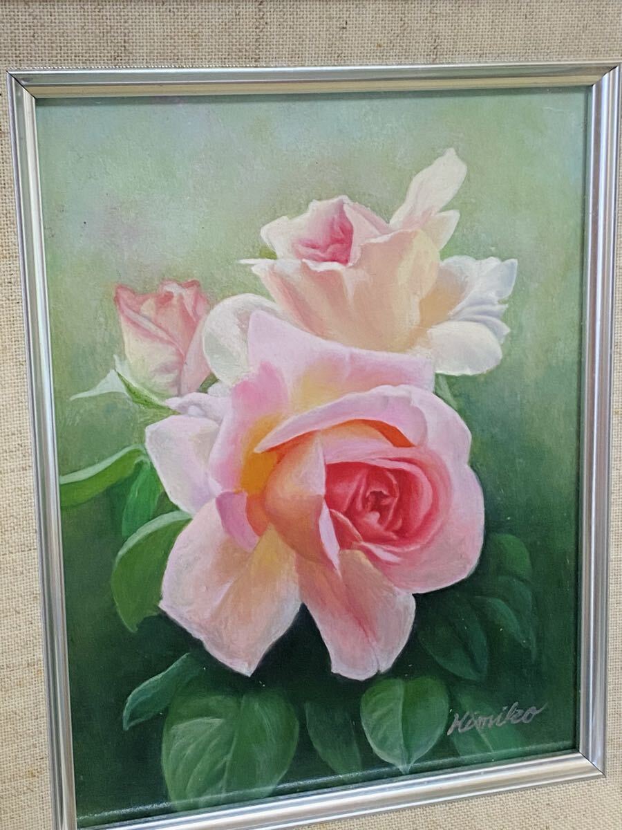 真作 油彩画 油絵 中田貴美子 薔薇 静物画 SM号 リアリズム 略歴付 額縁 額装 インテリア 拍卖