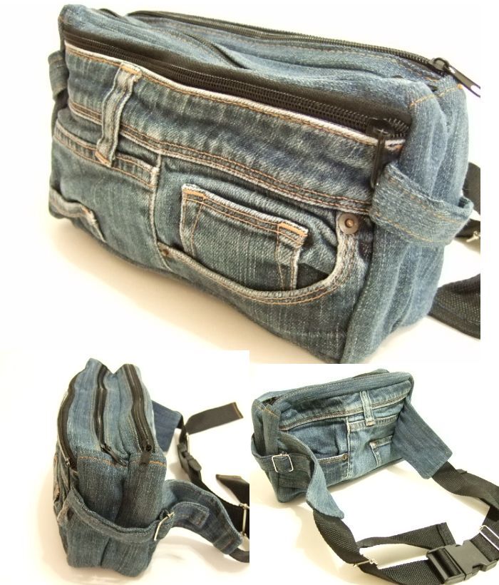 横浜最新 魅惑のデニムウエストバッグ♪3連チャック斜め掛けリメイクバッグ 横巾約25cm 縦15cm 二層収納まち4+4cm 送料無料ξblξ ξa13拍卖
