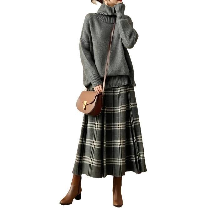 新品 秋冬レディース きれいめ セットアップ チェック柄 ロングスカート ニット ハイネック ニット セーター フレアスカート拍卖