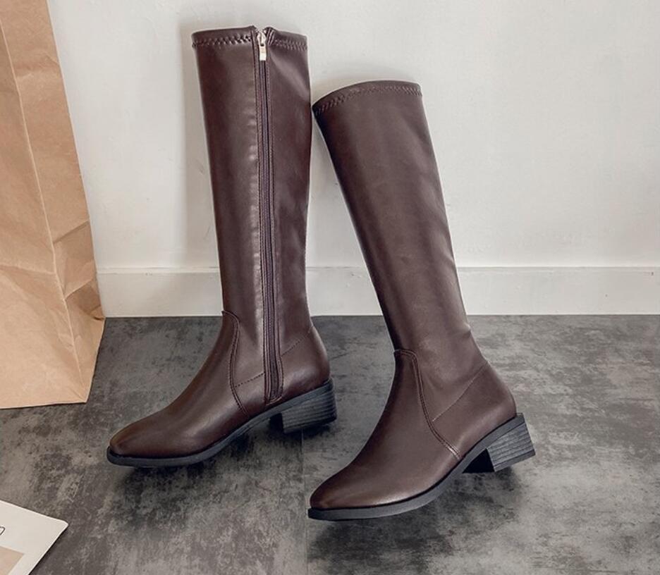 新入荷ニーハイブーツ レディース ロング丈 スクエアトゥ ローヒール 合皮 レザー調 春秋冬 美脚 大人 ブラウン 23.5CM拍卖