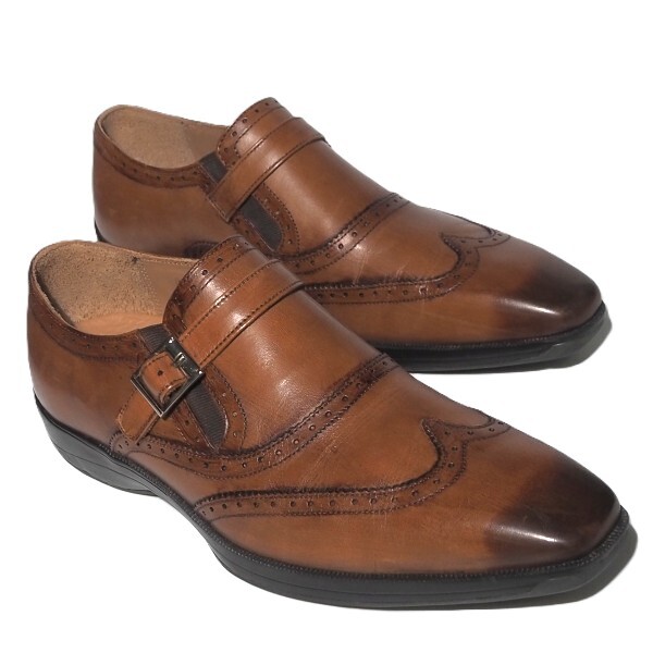 美品 US 9H / 27,5cm 天然皮革 Hawkins Premium ホーキンス モンクストラップ ウイングチップブラウン レザー HB 20032拍卖