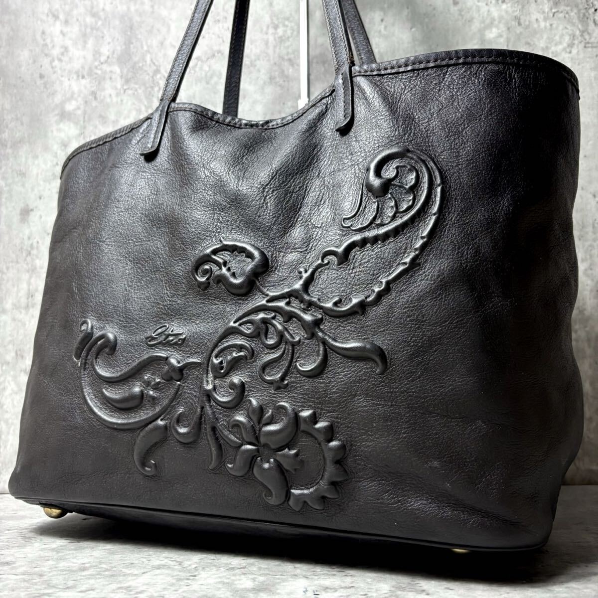 極美品/エンボス加工●ETRO エトロ トートバッグ 肩掛け ショルダー ペイズリー レザー 本革 A4 大容量 ビジネス メンズ ダークブラウン拍卖