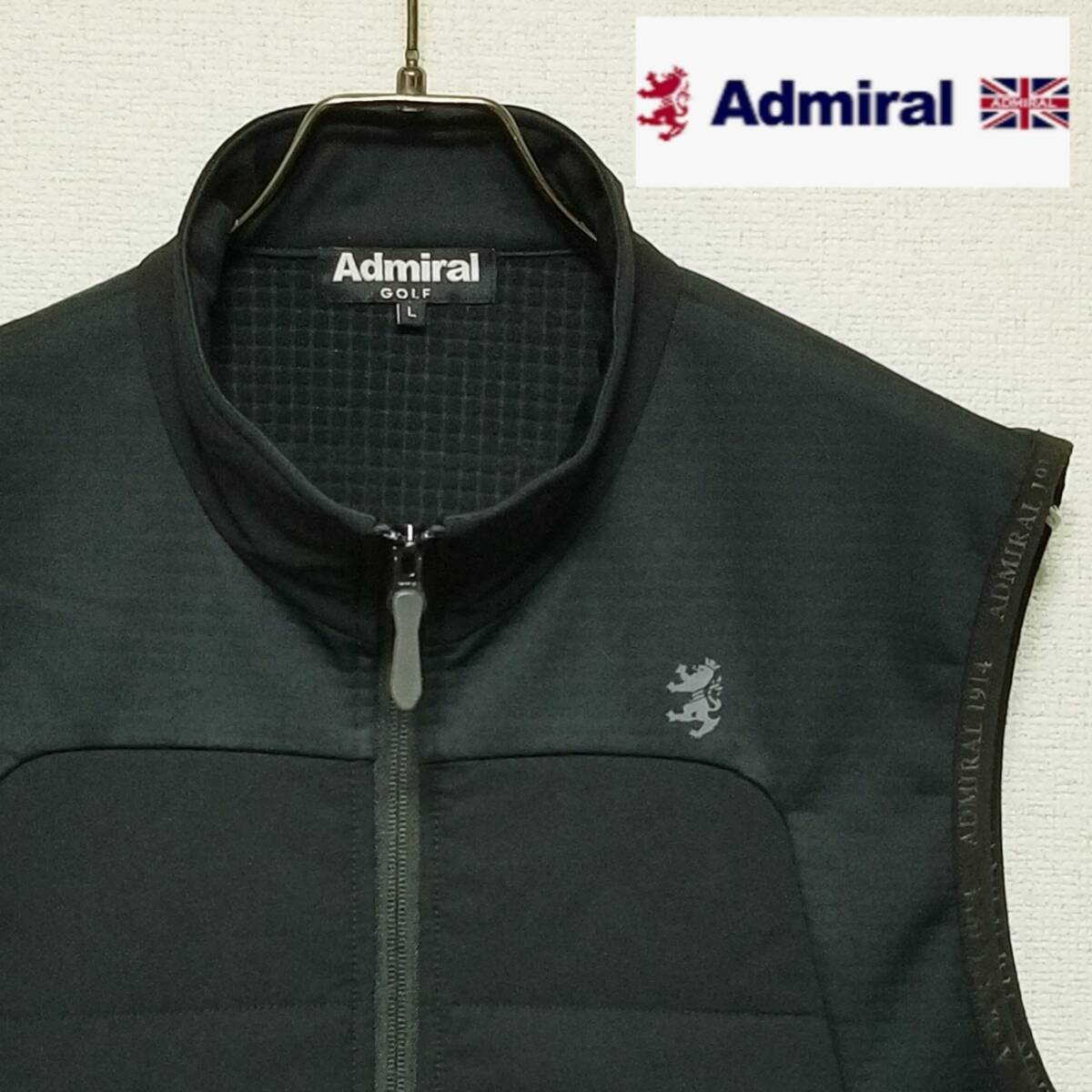【美品】◎ Admiral Golf アドミラルゴルフ/ ワンポイントプリントロゴ&バックプリント フロント中綿 Wジップ ベスト SIZE: L ブラック拍卖