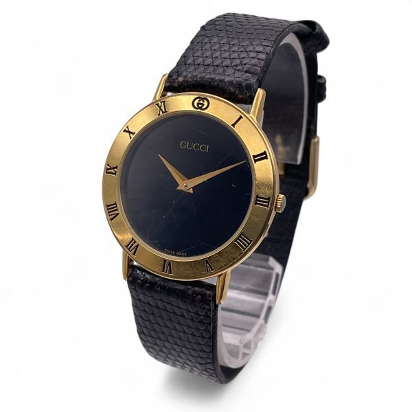 1円 稼働 ■ GUCCI グッチ 3000.2.M メンズ ローマンベゼル 黒文字盤 アンログ 2針 ゴールド レザー ベルト N5248-53-45拍卖