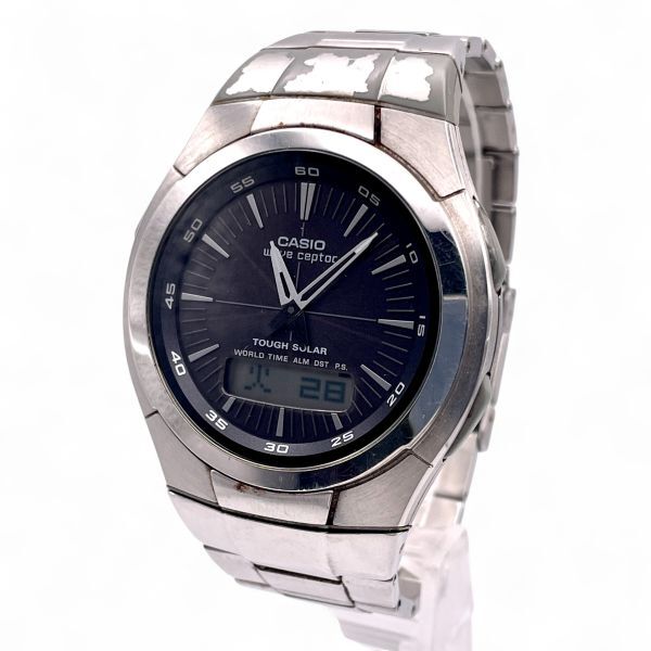 1円 稼働 ■ CASIO カシオ WAVE CEPTOR ウェーブセプター WVH-100J ソーラー メンズ 黒文字盤 アナデジ シルバー ベルト N5289-21-77拍卖