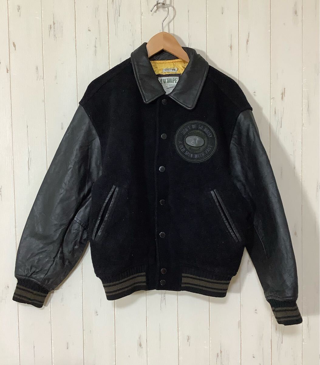 に1760 MACHOPE マックホープ スタジャン スタジアムジャンバー M ブラック 袖レザー 古着拍卖