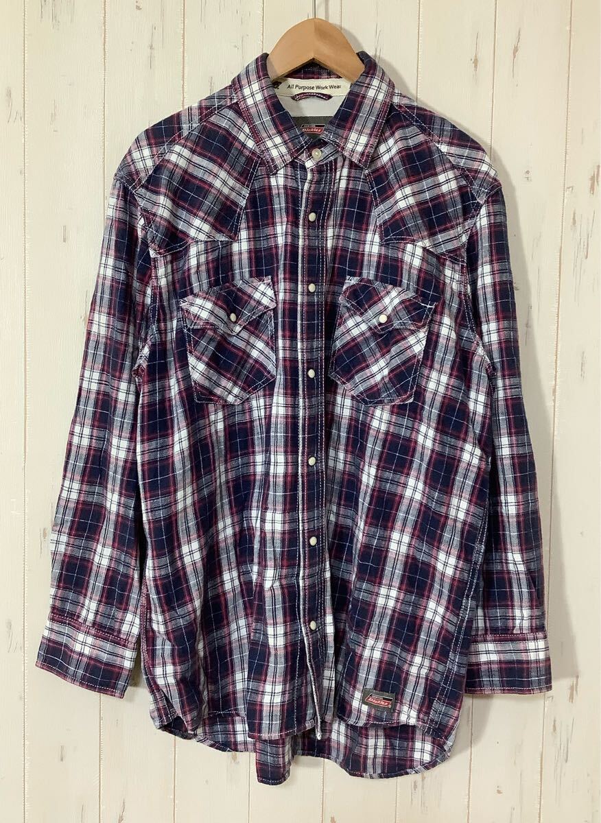 つ1742 Dickies ディッキーズ チェック ネルシャツ 長袖シャツ ウエスタンシャツ 2L ネイビー/ホワイト ワークシャツ拍卖