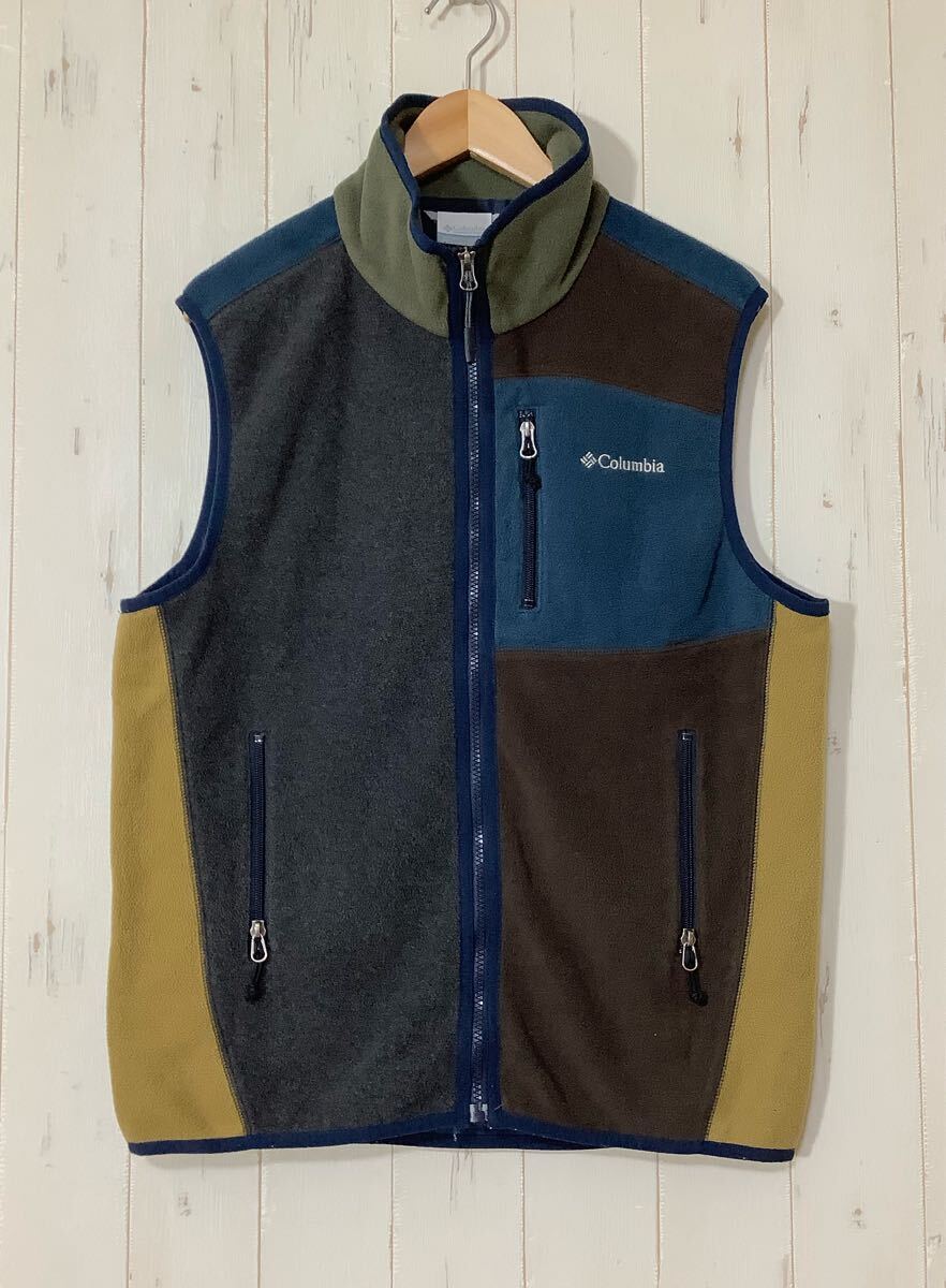 に1732 Columbia コロンビア クレージーパターン バックアイスプリングベスト フリースベスト L グレー/ネイビー/ブラウン ロゴ刺繍拍卖