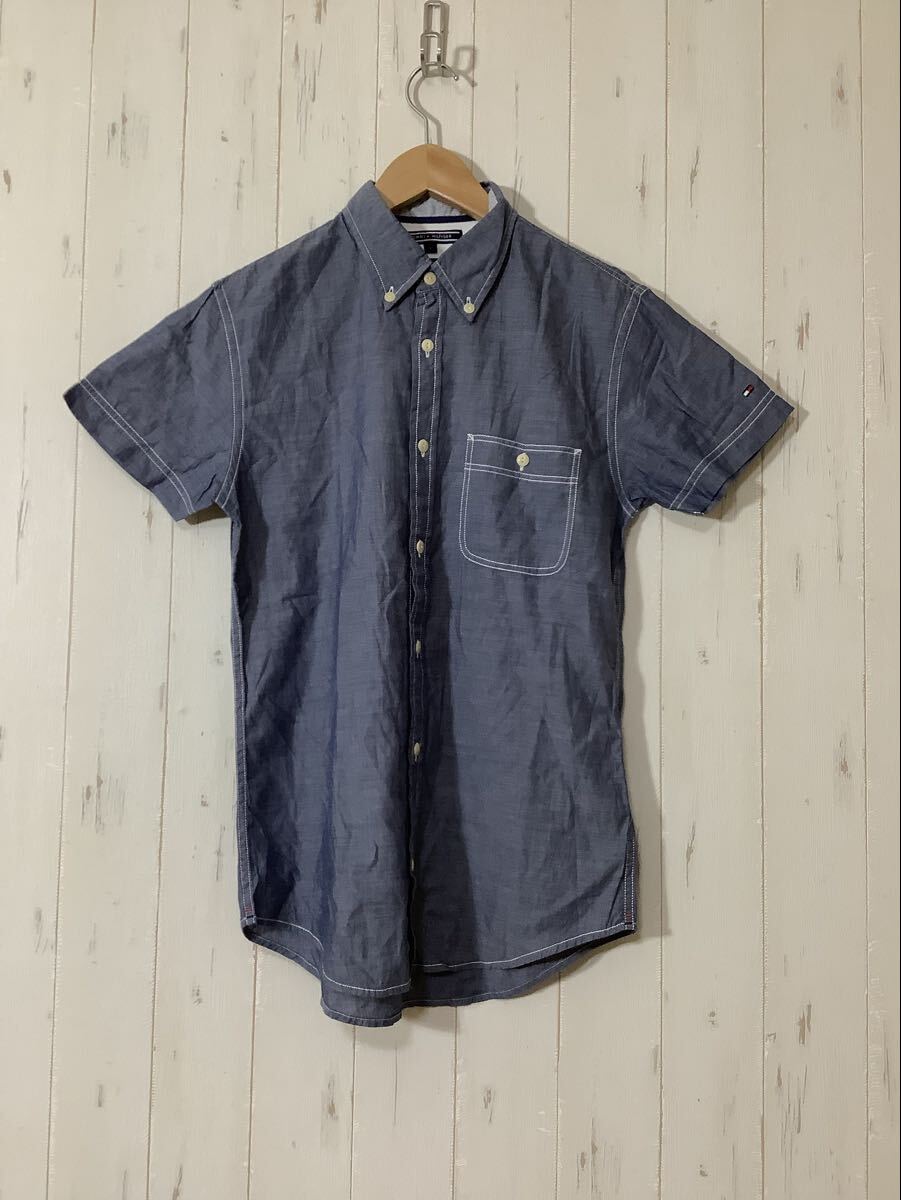 む1613 TOMMY HILFIGER トミーヒルフィガー Modern Fit 半袖シャツ ボタンダウン S ネイビー 拍卖