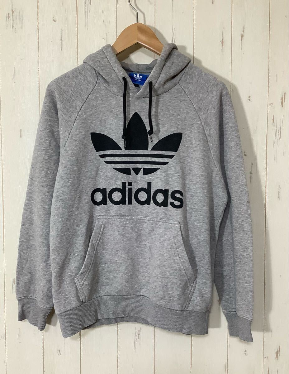 と1796 adidas originals アディダスオリジナルス プルオーバー スウェットパーカー S グレー トレフォイル ビックロゴプリント 裏起毛拍卖