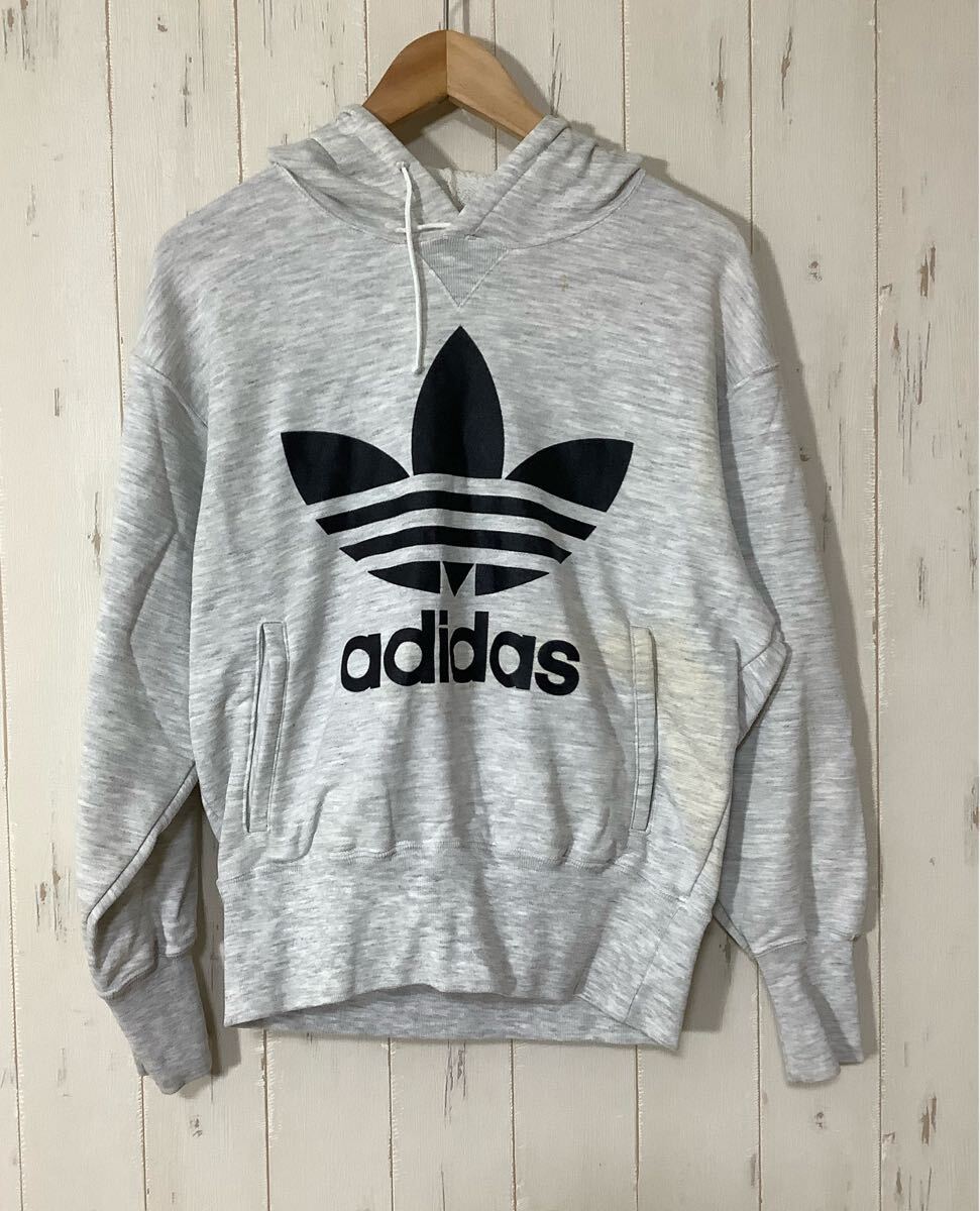 と1794 adidas アディダス ADS-3575 スウェットパーカー M 霜降りグレー 90's ビンテージ トレフォイル ビックロゴプリント拍卖