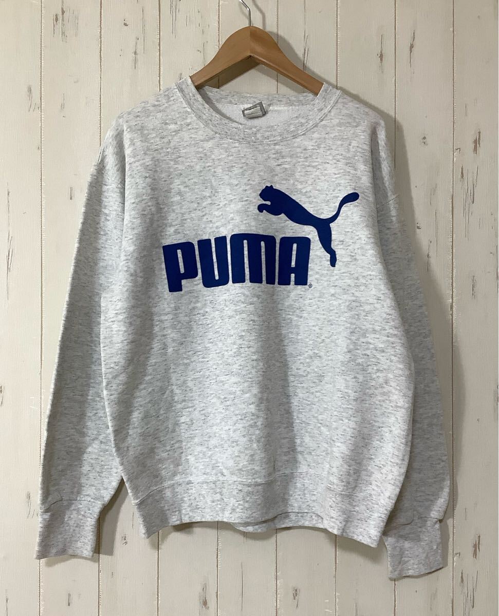 に1795 USA製 PUMA プーマ スウェットトレーナー L 霜降りグレー 裏起毛 80's-90's ビンテージ ビッグロゴプリント拍卖
