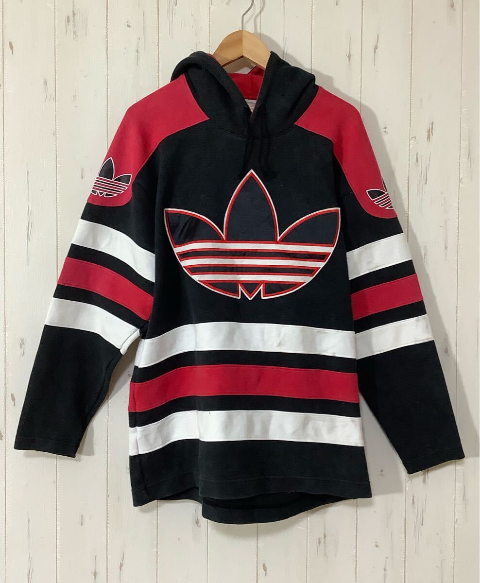 に1799 adidas アディダス AA-5213 スウェットパーカー S-M トレフォイル 90's ビンテージ ブラック/レッド/ホワイト拍卖