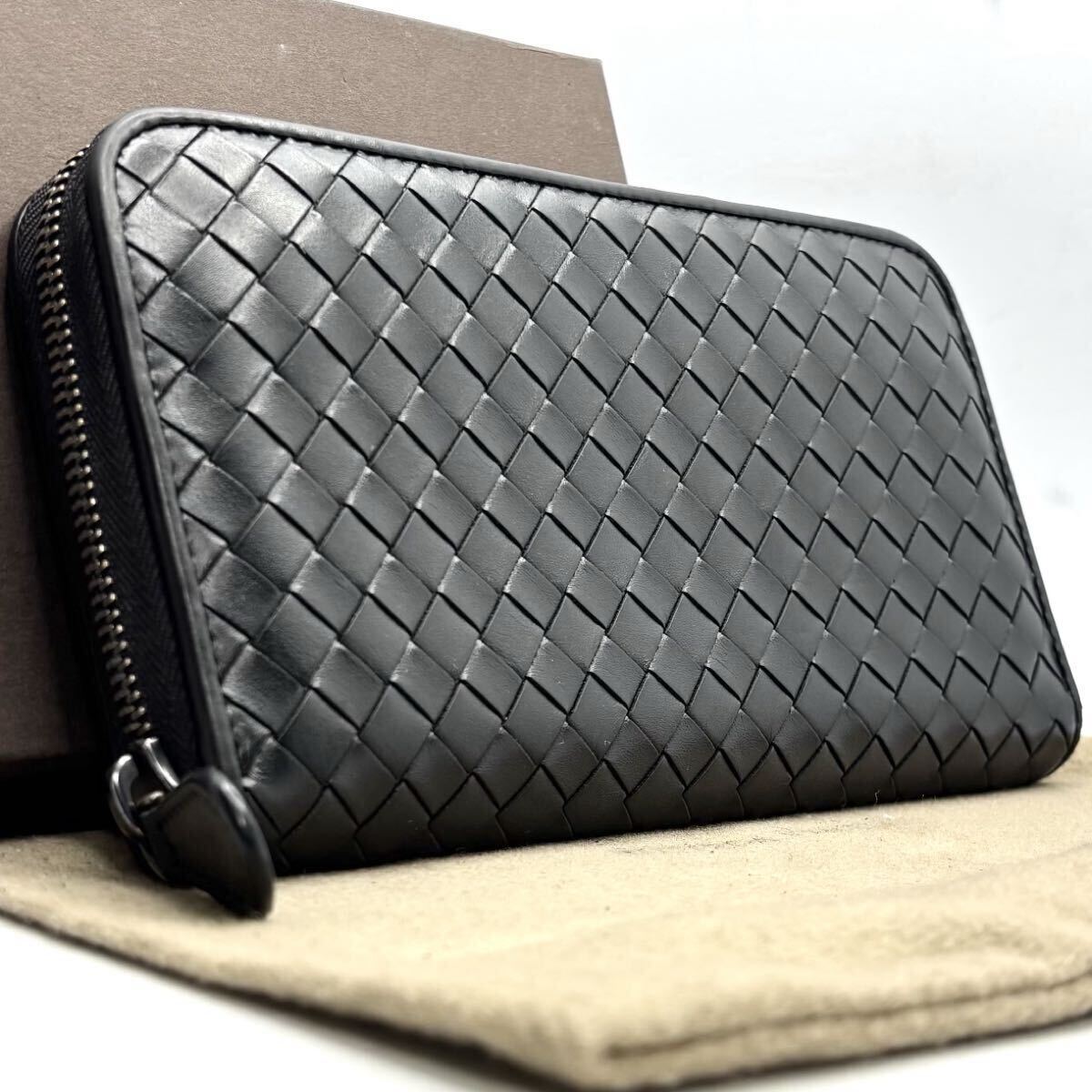1円【未使用級品・定価約8万】 BOTTEGA VENETA ボッテガヴェネタ イントレチャート ラウンドファスナー ブラック 長財布 財布 カーフレザー拍卖