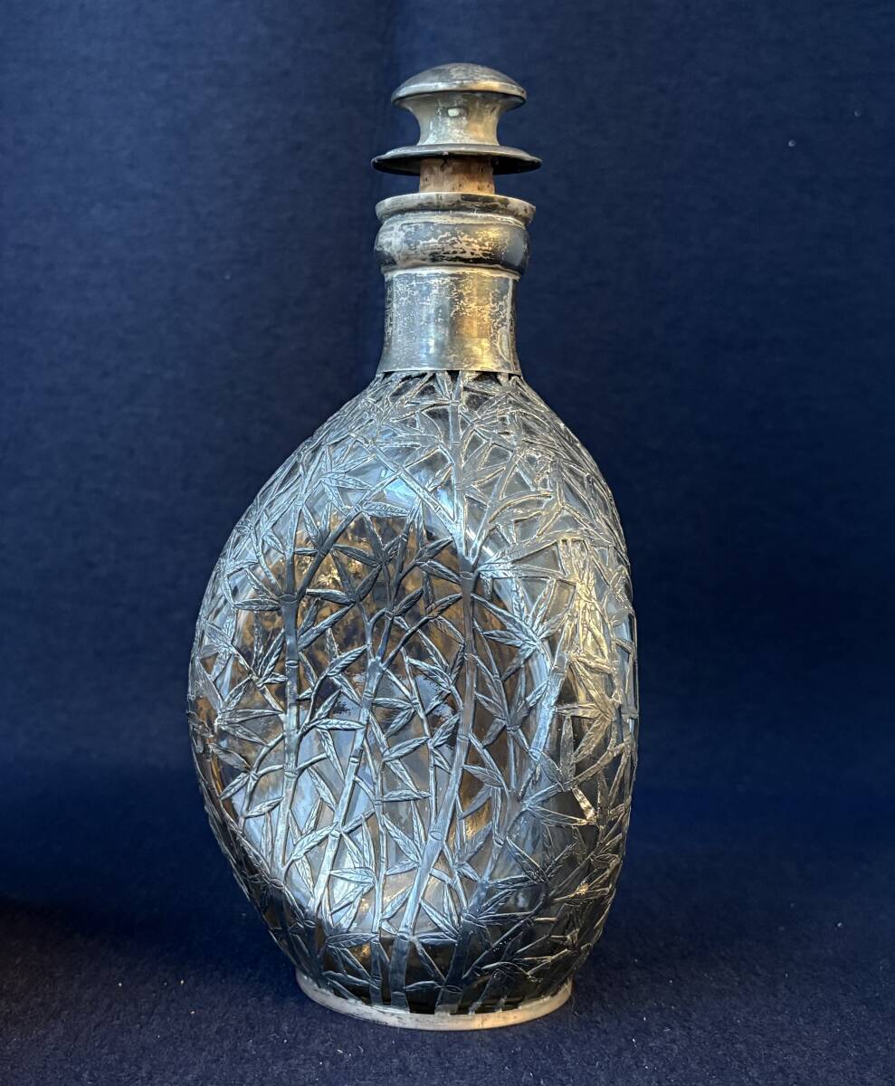 銀器 デキャンタ 銀製 竹紋 銀被せ 「S T E R L I N G」刻印 シルバー925 酒器 ワイン SILVER 銀細工 金属工芸 アンティーク拍卖