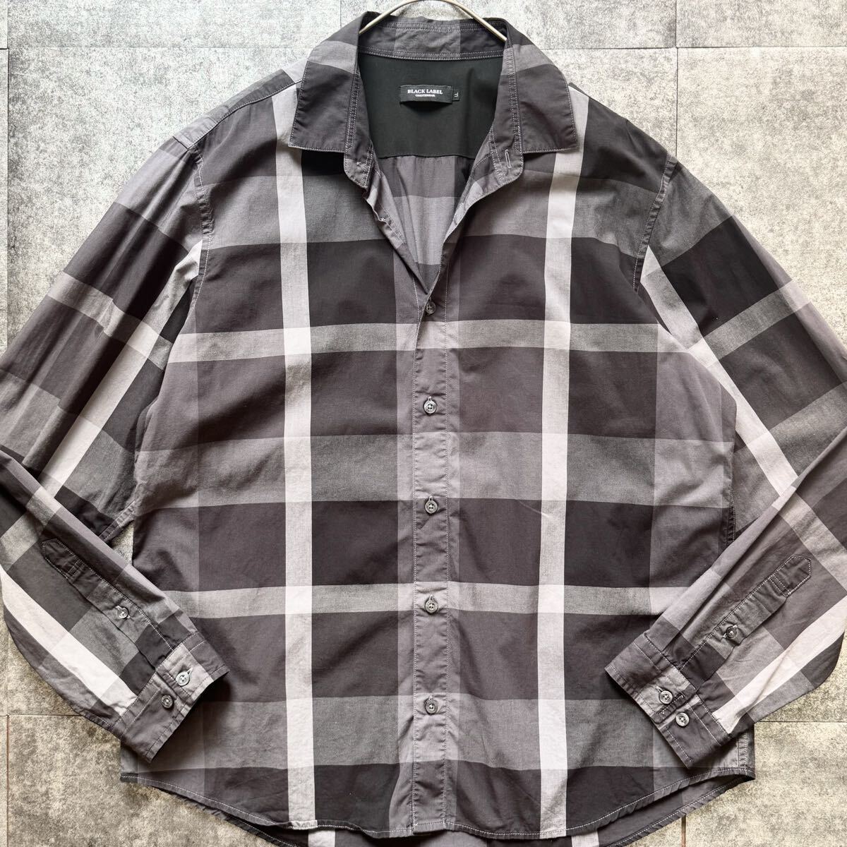 美品/希少LL◎ブラックレーベルクレストブリッジ CBメガチェック 長袖シャツ 羽織り BLACK LABEL CRESTBRIDGE ロゴボタン ストレッチ 近年拍卖