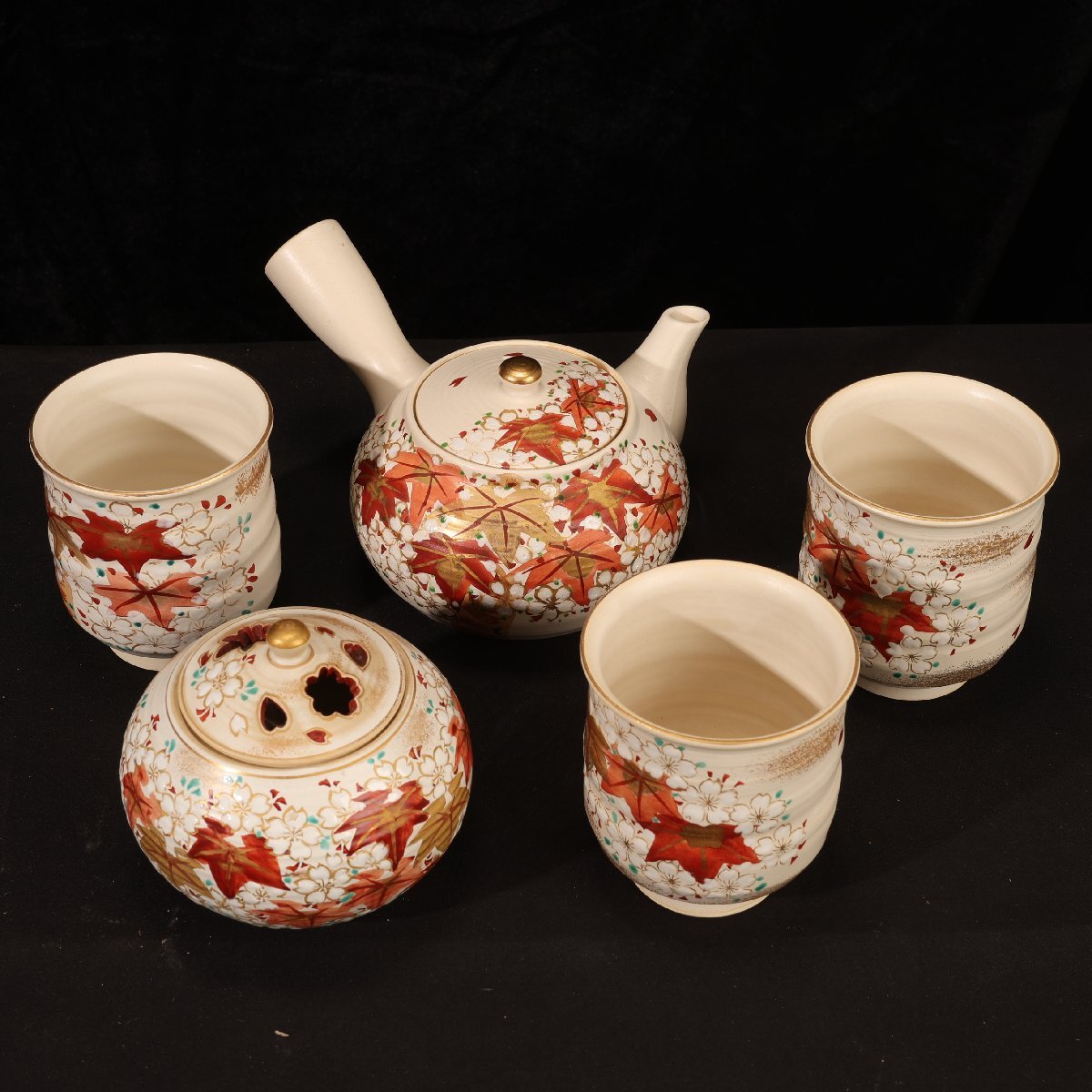 【珍品堂】1円から G99-J03 京焼 雲楽窯 斉藤雲楽 色絵金彩雲錦 紅葉文 茶道具 急須 湯呑み 香炉 時代物 古美術 骨董品 アンティーク 昭和拍卖