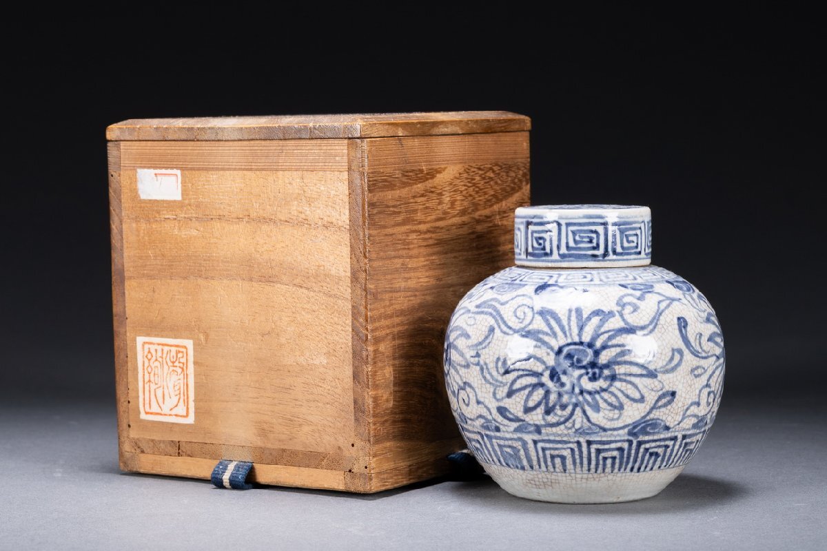 【雲錦】某有名オークション購入 時代物 一方堂 染付 染付茶葉入り 茶壷 共箱 古置物 古美術 時代コレクション7L10-115S1拍卖