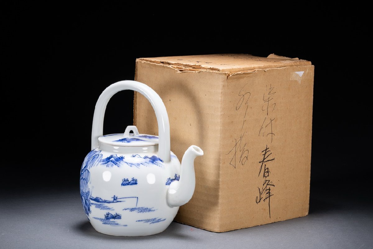 【雲錦】某有名オークション購入 時代物 京焼 平安春峰造 染付き山水紋急須 茶壷 茶煎道具 古美術 時代コレクション7L10-102S15拍卖