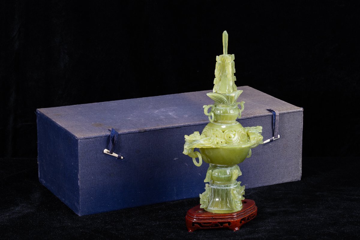 【珍品堂】1円から R59-V11 香炉 天然石 遊環彫刻 透かし彫刻 台付 重1001g 箱付 中国古美術 時代物 工芸品 鑑賞品 骨董品 古美術拍卖