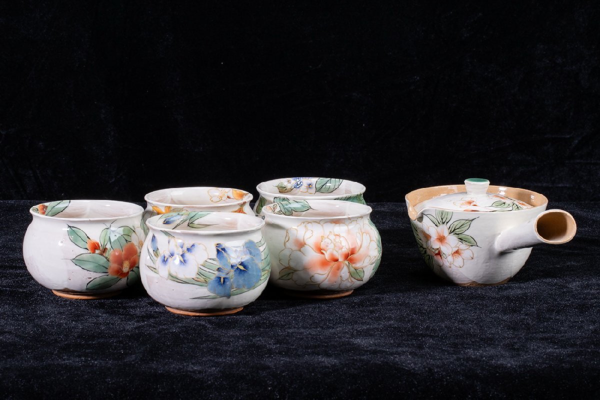 【珍品堂】1円から N14-V6 京焼 清水焼 陶あん 花絵 繊細絵付 急須 湯呑み 茶器 茶道具 和食器 伝統工芸 時代物 骨董品 古美術 希少拍卖