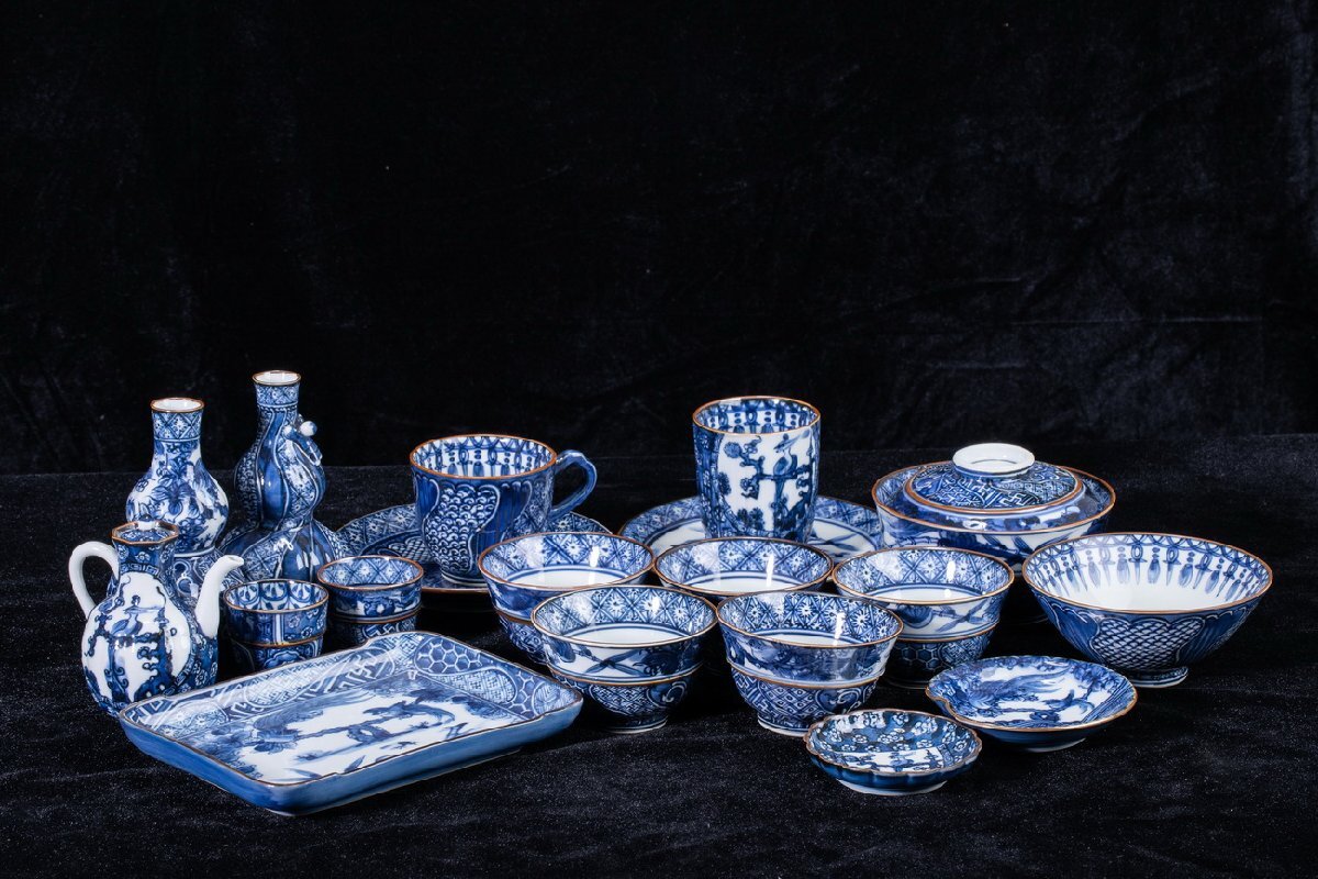 【珍品堂】1円から N40-V35 京焼 清水焼 加藤利昌 作 在銘 染付 湯呑 鉢 まとめセット 和食器 茶道具 煎茶道具 抹茶碗 時代物 骨董品 希少拍卖