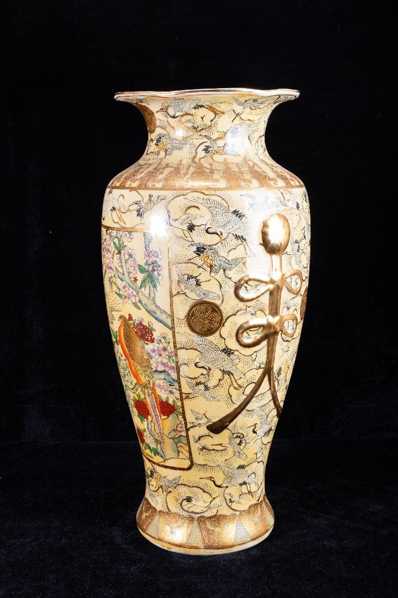 【珍品堂】1円から R73-V2 薩摩焼 栄盛窯 瀧山作 金蘭手 金彩 豪華絢爛 鶴花文 細密絵付 希少 特大花瓶 飾壺 高61cm 時代物 古美術 骨董品拍卖