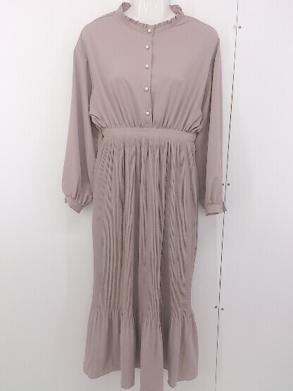 ◇ EVERY VERY NICE CLAUP スタンドフリルカラー 長袖 ロング ギャザー ワンピース サイズ F ピンクベージュ レディース拍卖
