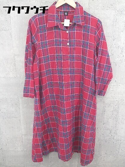 ◇ merlot メルロー チェック 長袖 膝下丈 ワンピース レッド マルチ レディース拍卖