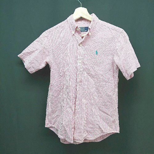 ◇ POLO RALPH LAUREN キッズ ギンガムチェック 刺?ロゴ カジュアル 半袖 シャツ サイズ150 ピンク レディース メンズ E拍卖
