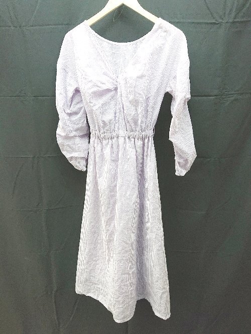 ◇ &NOSTALGIA ストライプ柄 ウエストゴム 長袖 ロング ワンピース サイズM~L パープル レディース E拍卖