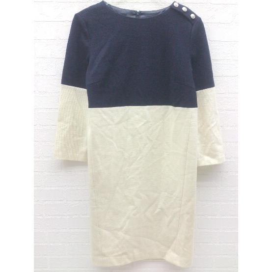 ◇ ROPE ロペ バックジップ 七分袖 ミニ ワンピース サイズ36 ネイビー アイボリー系 レディース拍卖