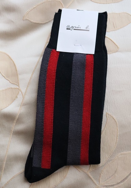 日本製!agnes b. アニエスベー ソックス 靴下 25~27cm メンズ 福助の製品 黒地ストライプ柄 未使用品 拍卖
