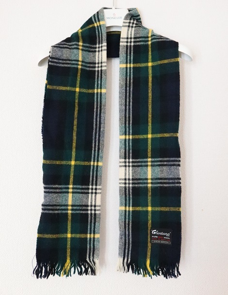 難あり スコットランド製!Glentana チェック柄 マフラー ブラック×グリーン×イエロー×ホワイト 約170×29cm拍卖