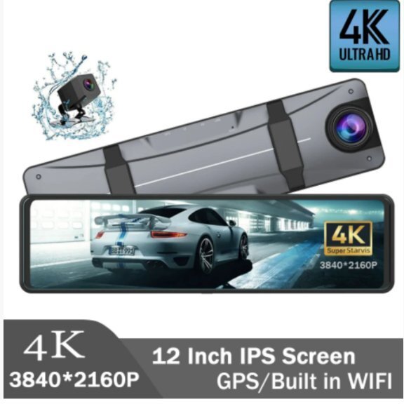 12インチドライブレコーダーストリーミングバックミラー4Kハイビジョン無線WiFi+GPSトラック前後二重録拍卖