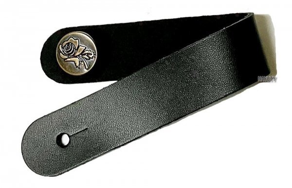 本革製 ギターヘッドストックストラップ レザー 黒 フラワーインレイ ギターネックストラップ ヘッドストックループ ヘッドストックボタン拍卖