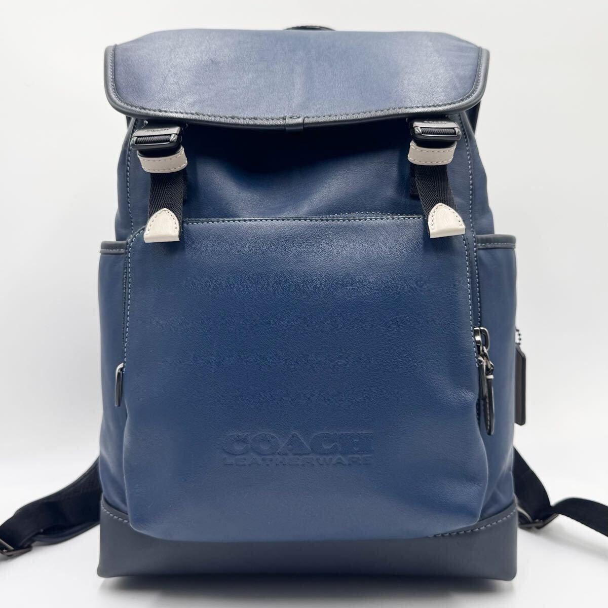 1円【未使用級/近年モデル】定価17万円 COACH コーチ リーグ リュック バックパック デイパック メンズ ビジネス A4 大容量 レザー 青拍卖