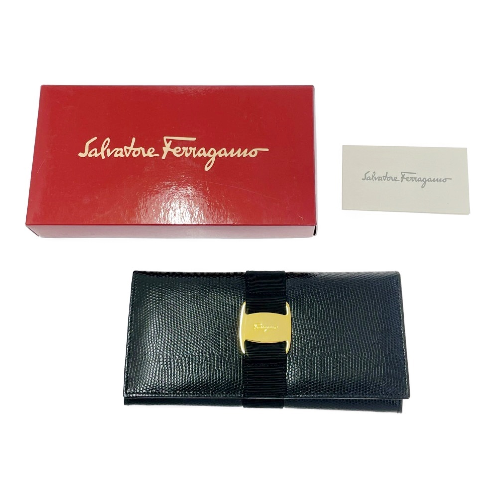 【箱付き】 Salvatore Ferragamo サルヴァトーレフェラガモ レザー ヴァラ 長財布 ブラック 491537 長財布拍卖