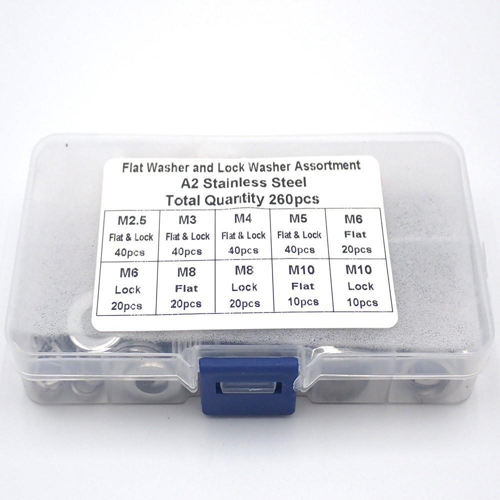260Pcs フラット スプリング ワッシャーセット M2.5 M3 M4 M5 M6 M8 M10 ステンレス 平ワッシャー 平座金 ねじ ボルト用 DIY 工具拍卖
