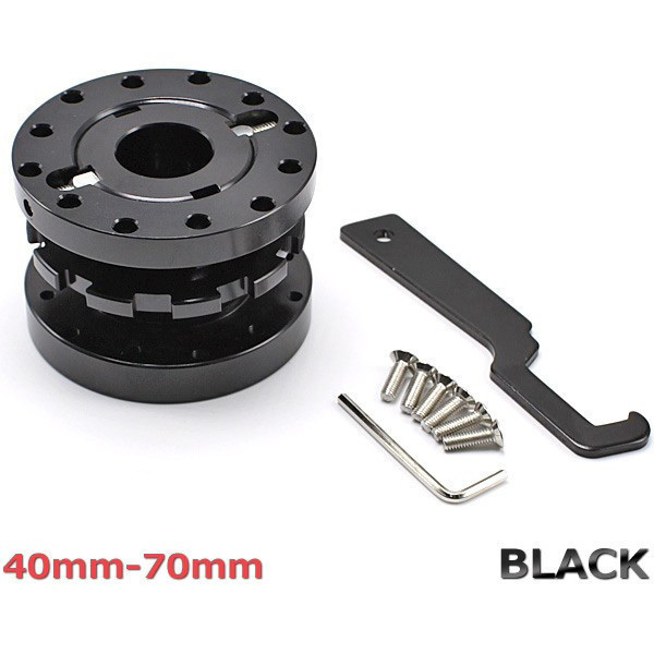 ステアリングボス スペーサー 調整式 40mmから70mm ブラック アルミ 軽量 アルマイト仕上げ ダブルナット方式 専用レンチ 固定用ビス付き拍卖