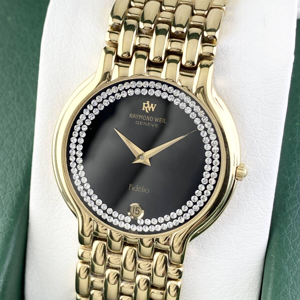 【1円〜】RAYMOND WEIL レイモンド ウィル 腕時計 メンズ Fidelio フィデリオ 4802 ブラック文字盤 ゴールド カラーストーン デイト 可動品拍卖