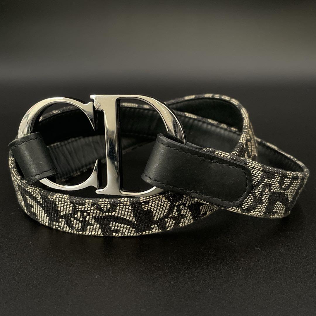 美品 Christian Dior クリスチャンディオール CDロゴ バックルベルト トロッター柄 ネイビー キャンバス レザー拍卖