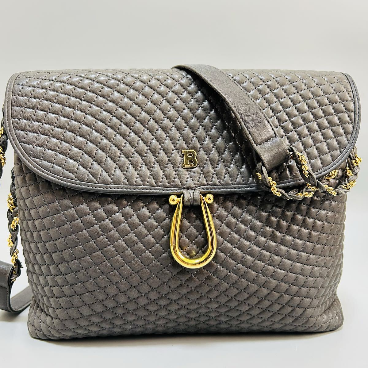 1円 BALLY バリー レザー チェーン クロスボディ ショルダーバッグ斜め掛け レディース グレー系 拍卖