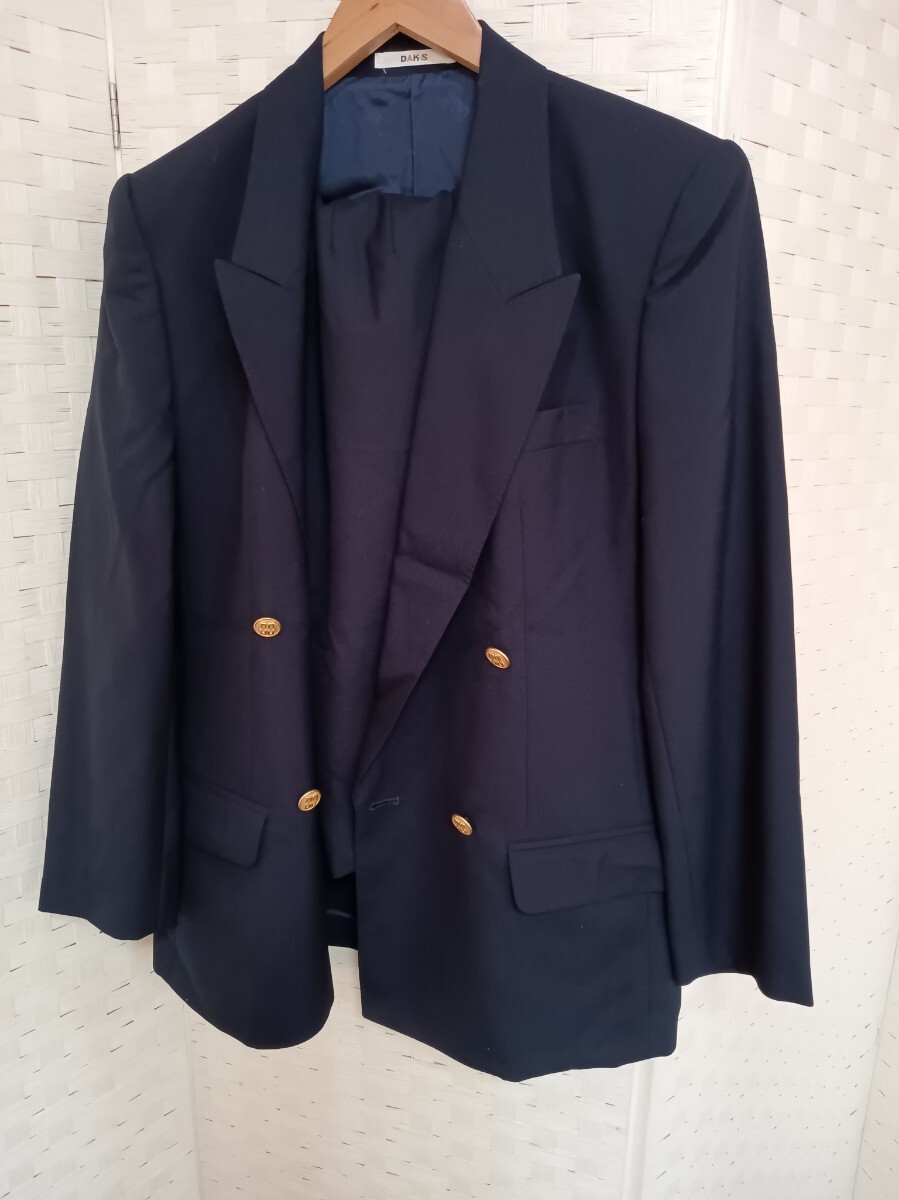 DAKS レディース ネイビー スーツ セットアップ 金ボタン 11号 着丈74cm ウエスト66cm 保管品 折りじわ 紺ブレ ダブル 薄手 ダックス拍卖