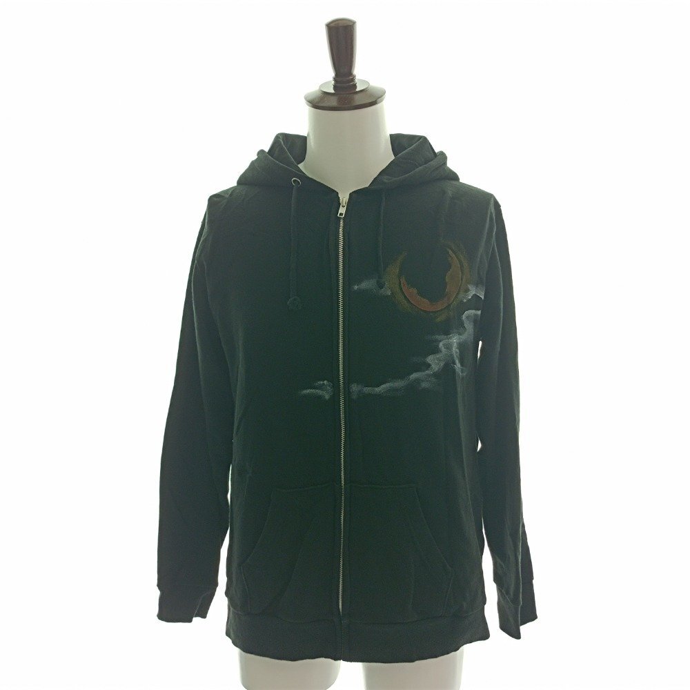 禅 ZEN 和柄 ペイント フーディー ジップアップパーカー サイズL 満月 オオカミ 夜 ブラック メンズ カジュアルファッション 中古拍卖