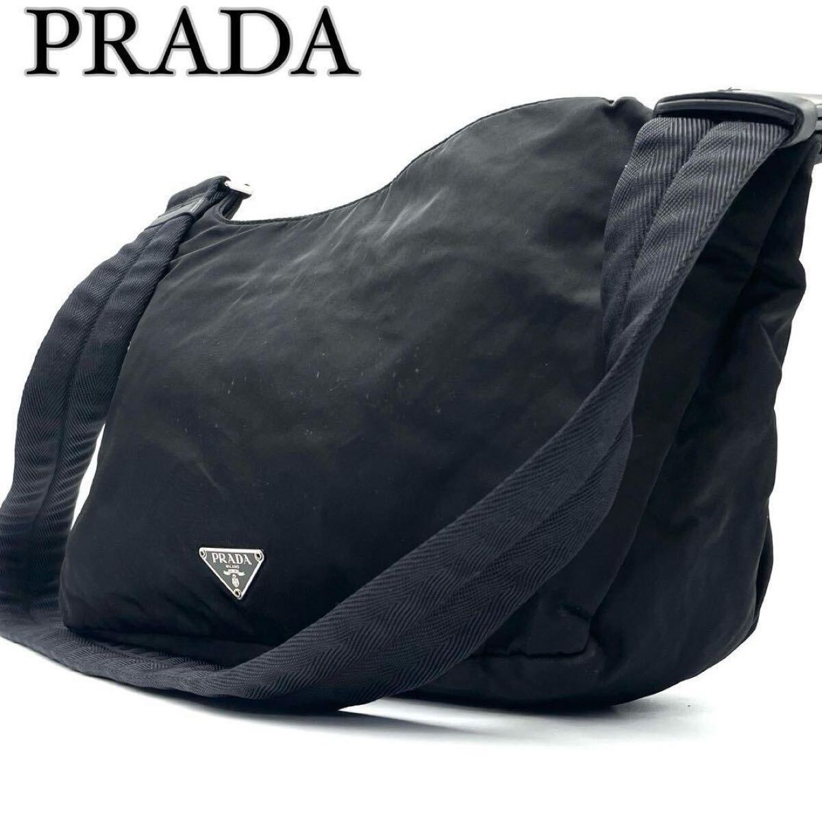 1円【美品】プラダ 三角ロゴ アイコン ショルダーバッグ プレート 白タグ 斜め掛け 黒拍卖