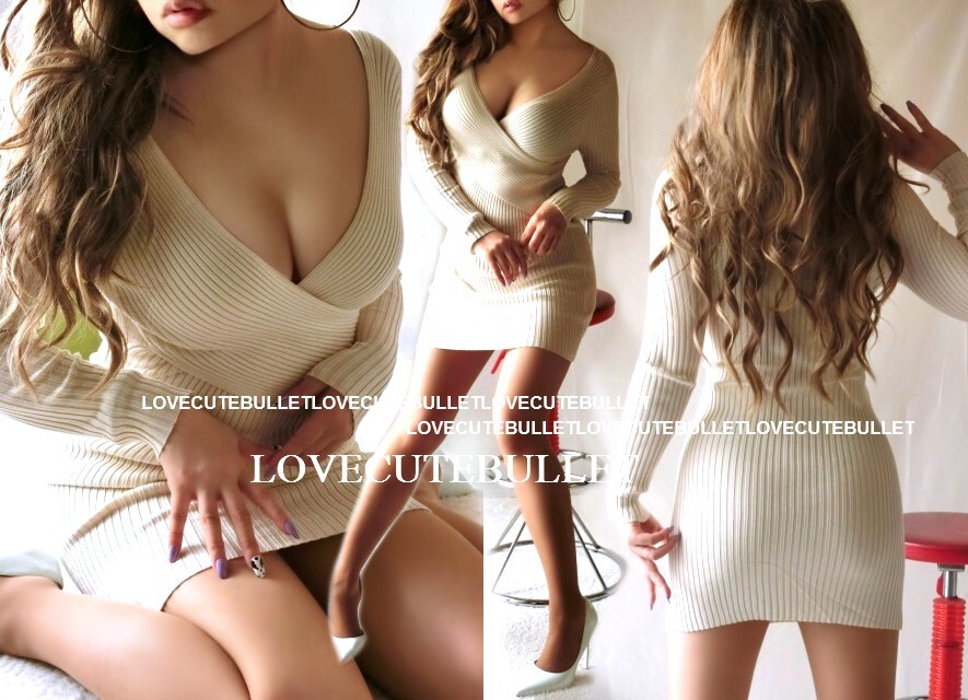 胸元Wカシュクールsexyリブ美タイトミニワンピ(アイボリー)拍卖