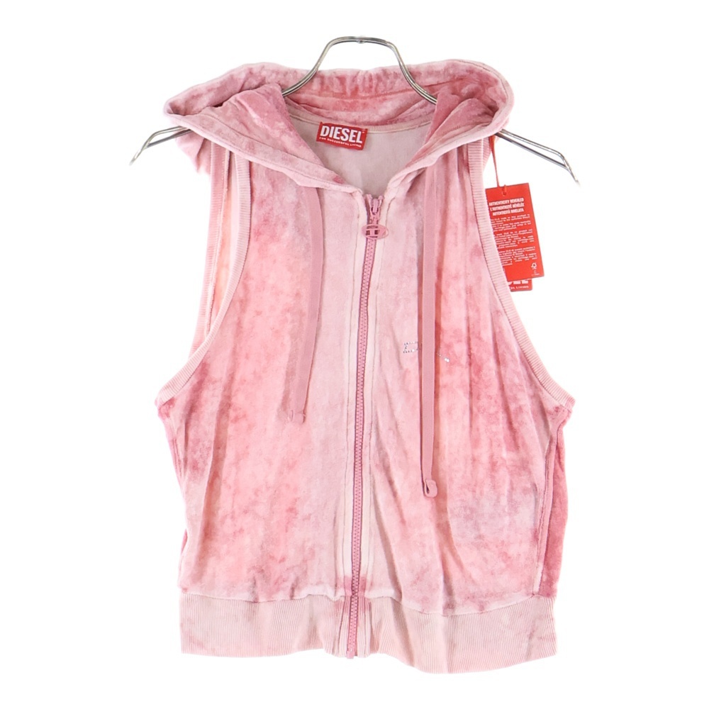 DIESEL ディーゼル T-CRITY-N1 ビジューロゴ ベロア フード付き ジップアップ ノースリーブ パーカー ピンク A12135 0KKAL レディース拍卖