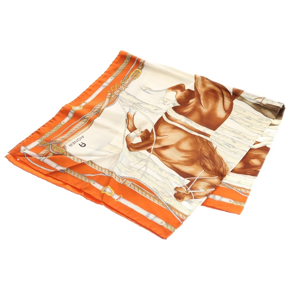 AIGNER アイグナー ホース柄 スカーフ オレンジ×ホワイト拍卖